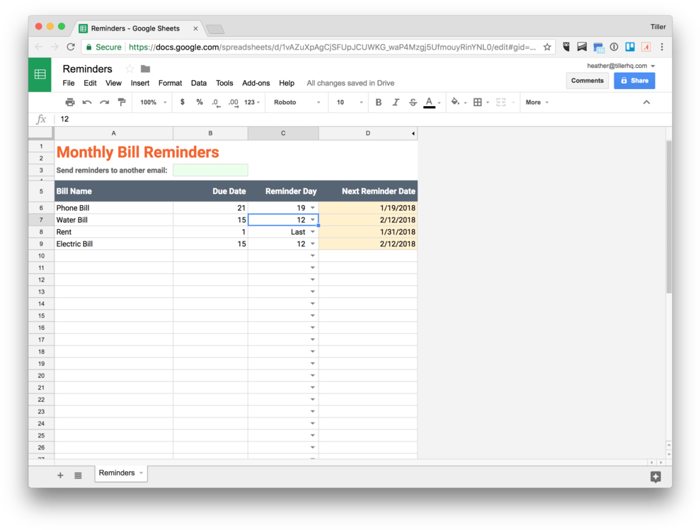 Monthly Bill Reminders Spreadsheet