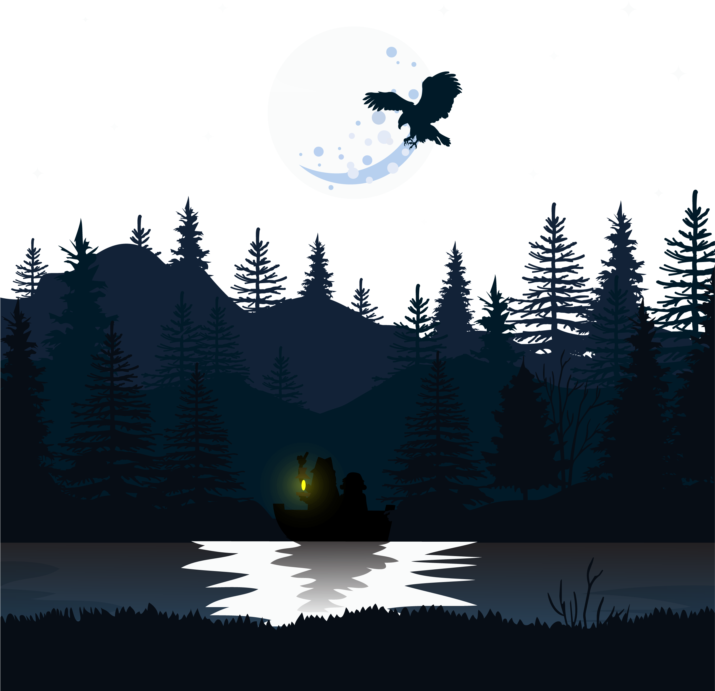 Moonlit Owl Forest Lake Scene