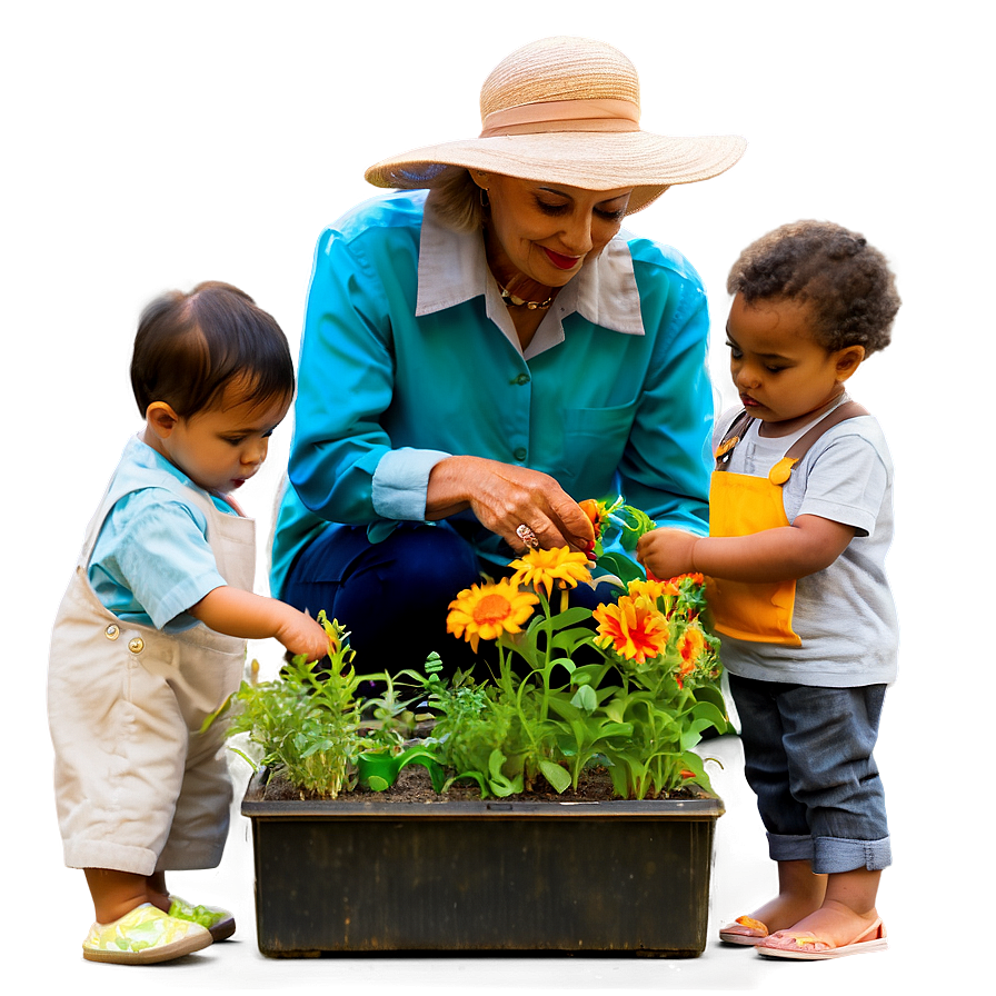 Mother And Children Planting Flowers Png 1