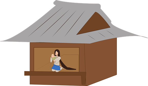 Mother Child Hut Illustration