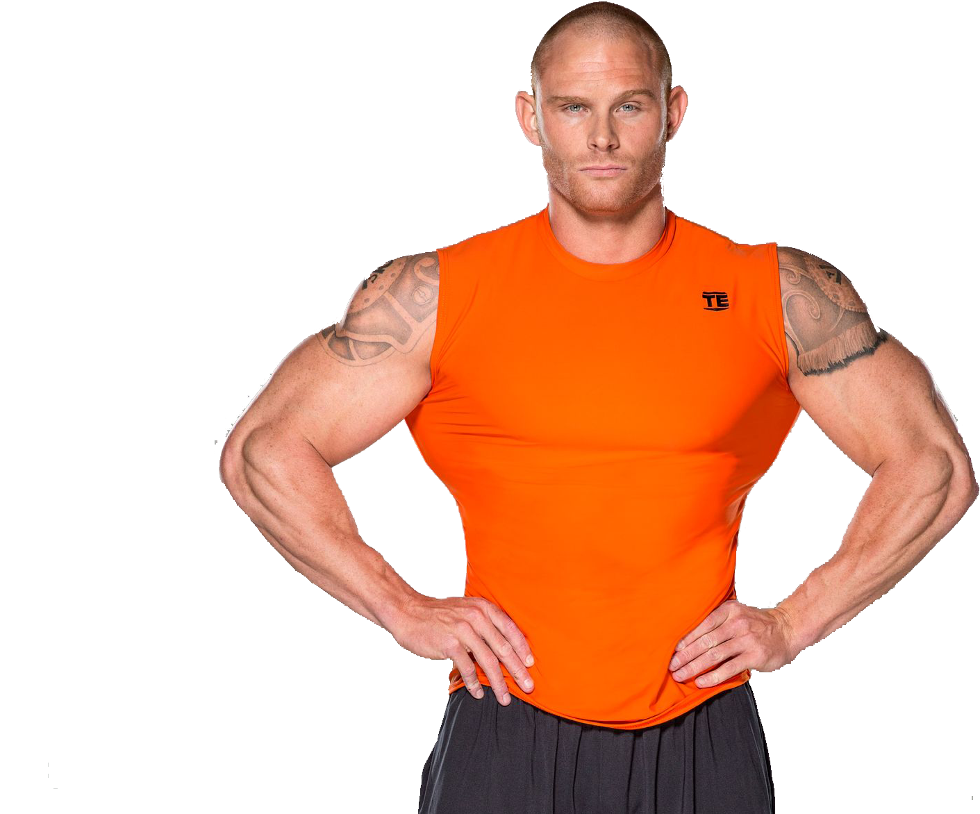 Muscular Wrestlerin Orange Sleeveless Shirt