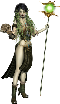 Mystical_ Elf_ Sorceress_with_ Staff_and_ Skull