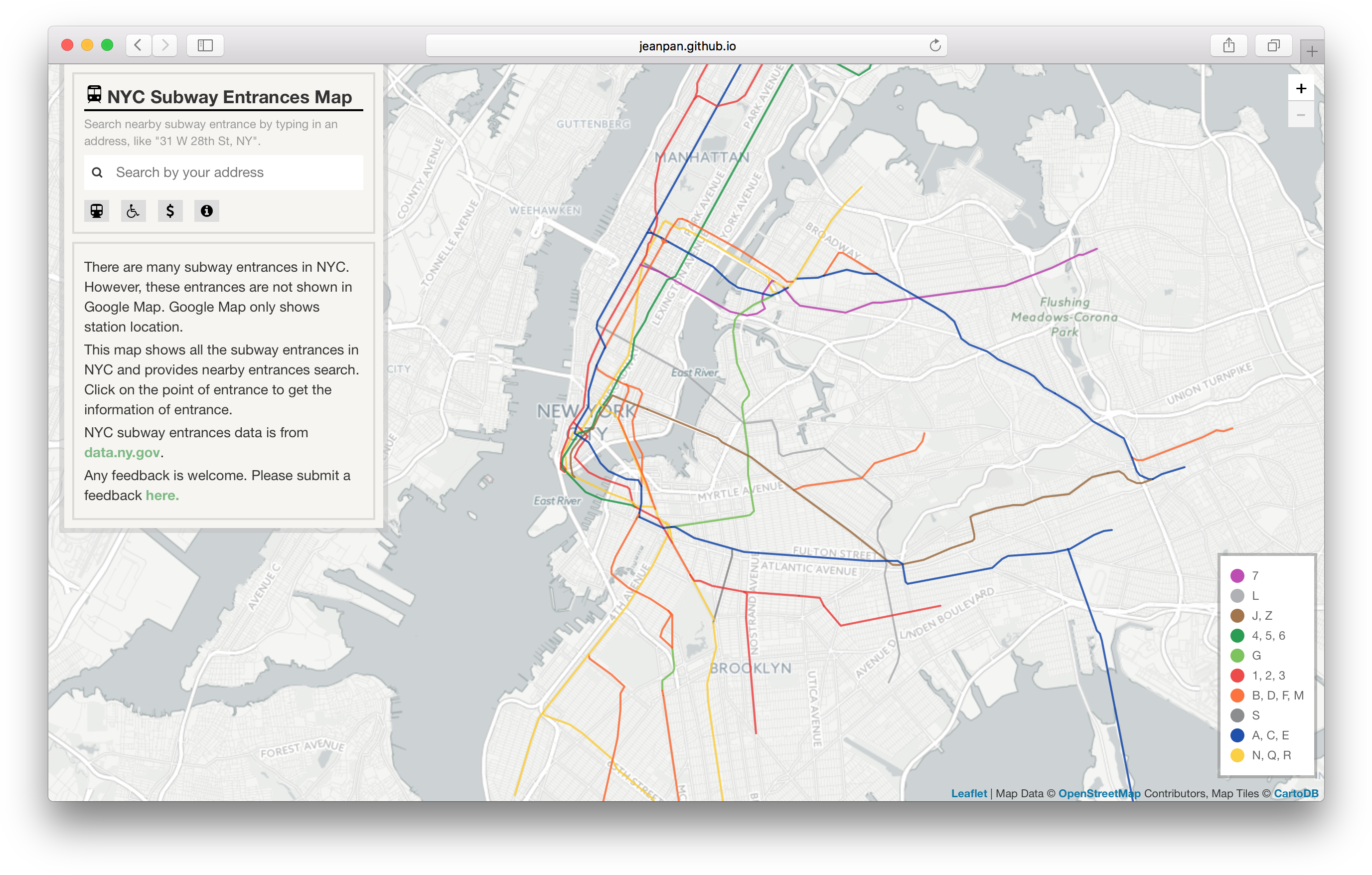 N Y C Subway Entrances Map Screenshot