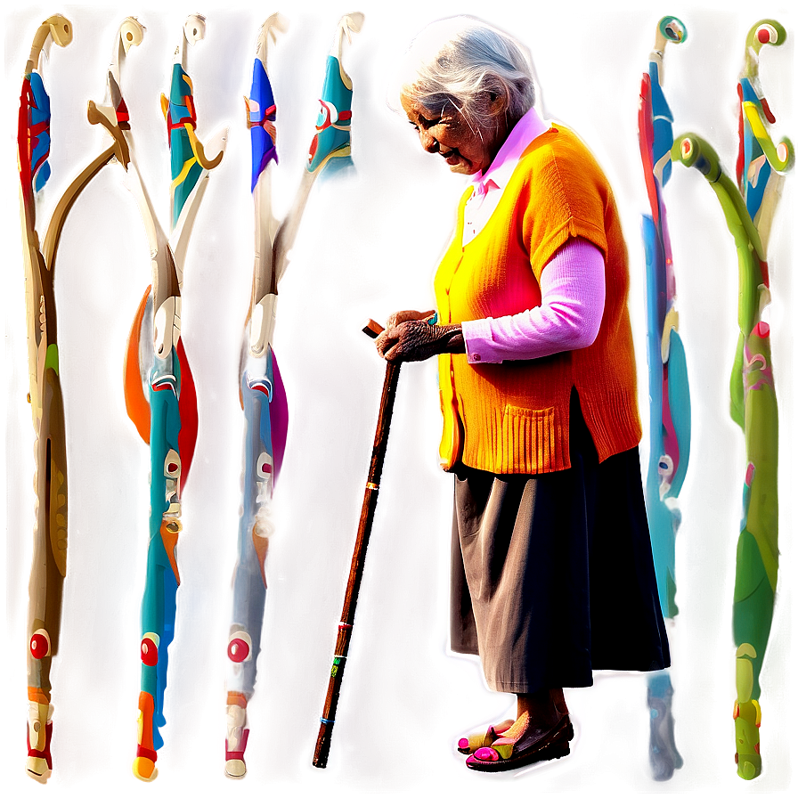 Old Woman With Walking Stick Png Bnd