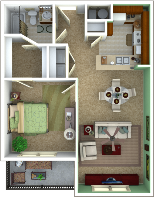 One Bedroom Apartment Layout3 D