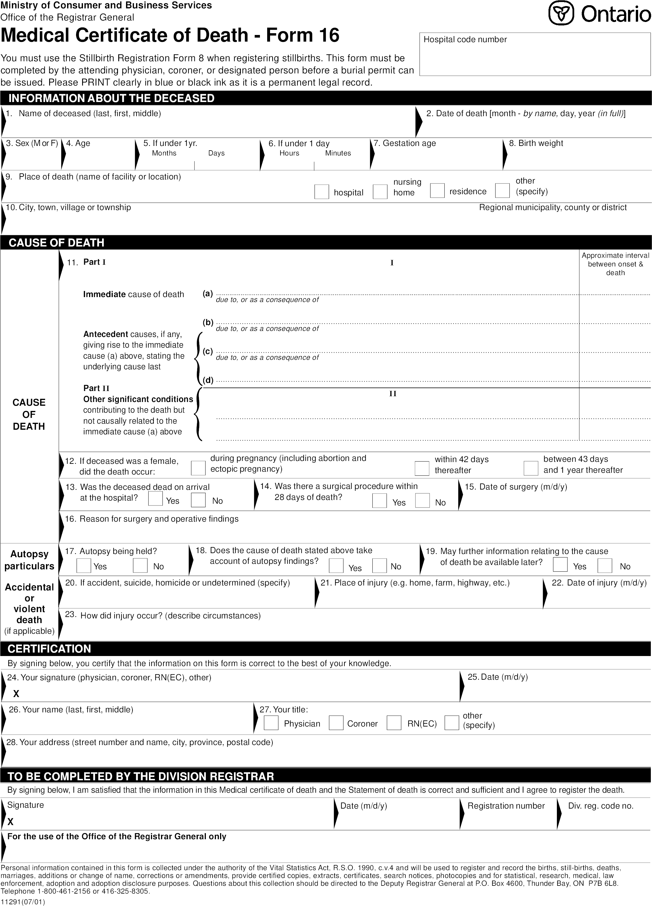 Ontario Medical Certificateof Death Form