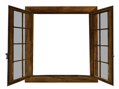 Open Wooden Window Against Black Background