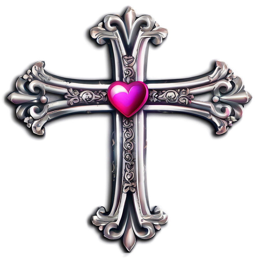 Ornate Chrome Heart Cross Graphic Png 32