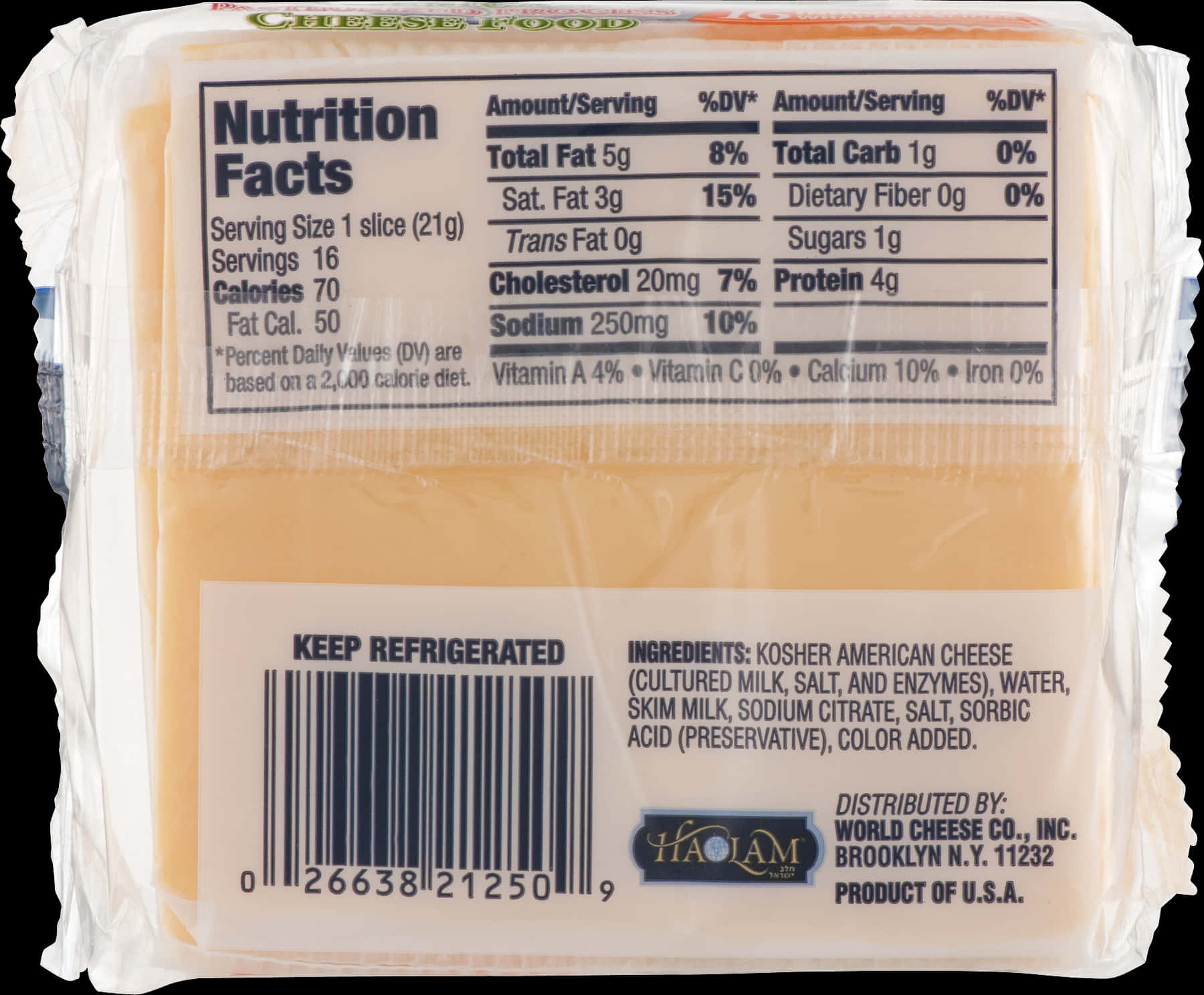 Packaged American Cheese Nutrition Label