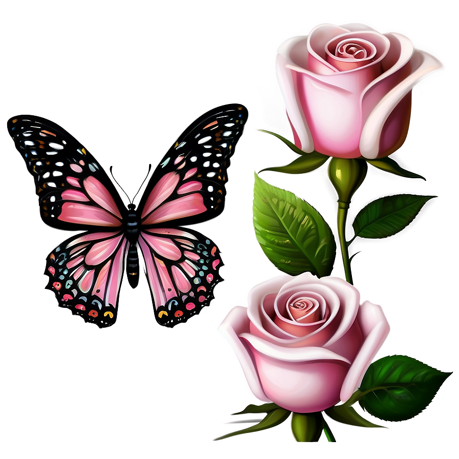 Pink Roses With Butterflies Png Fsk