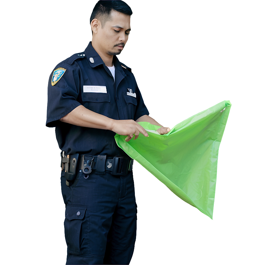 Police Officer Examining Green Bag