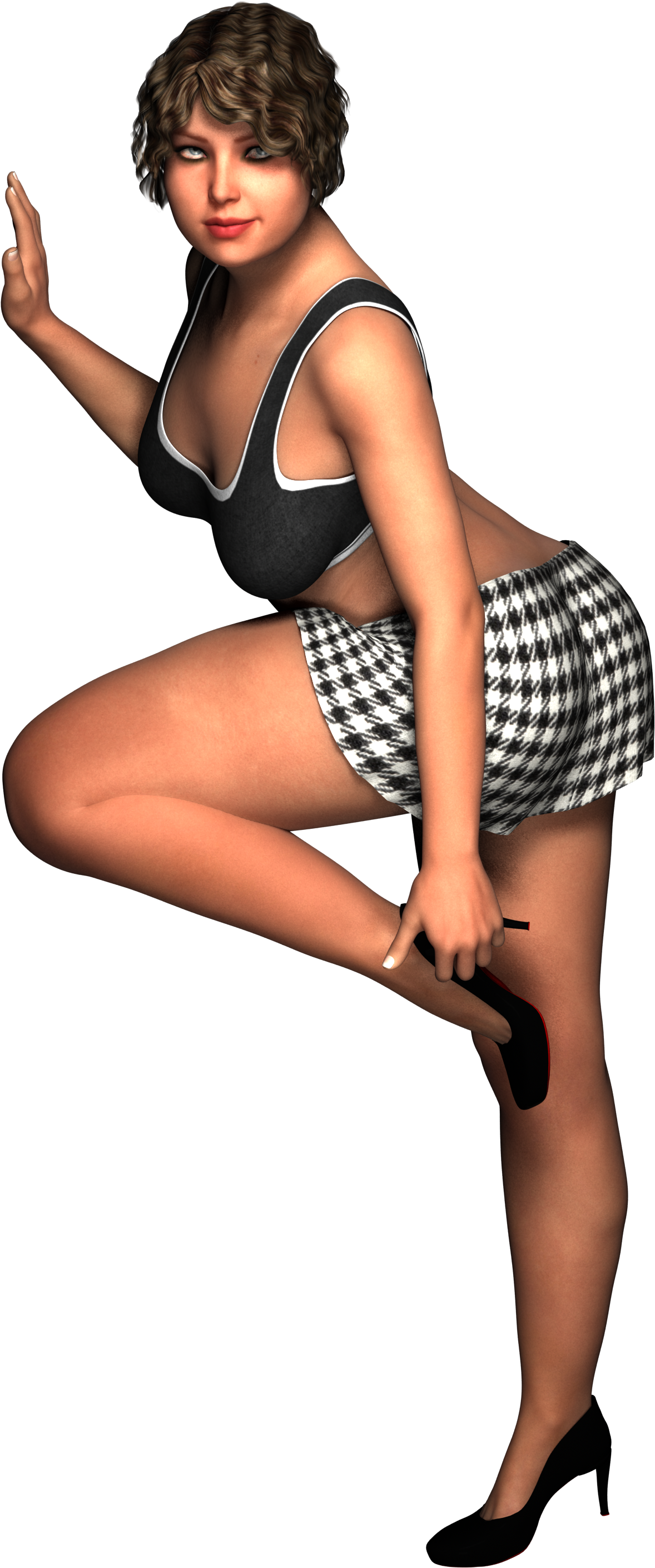 Posing_ Figure_in_ Checkered_ Skirt_and_ Black_ Top