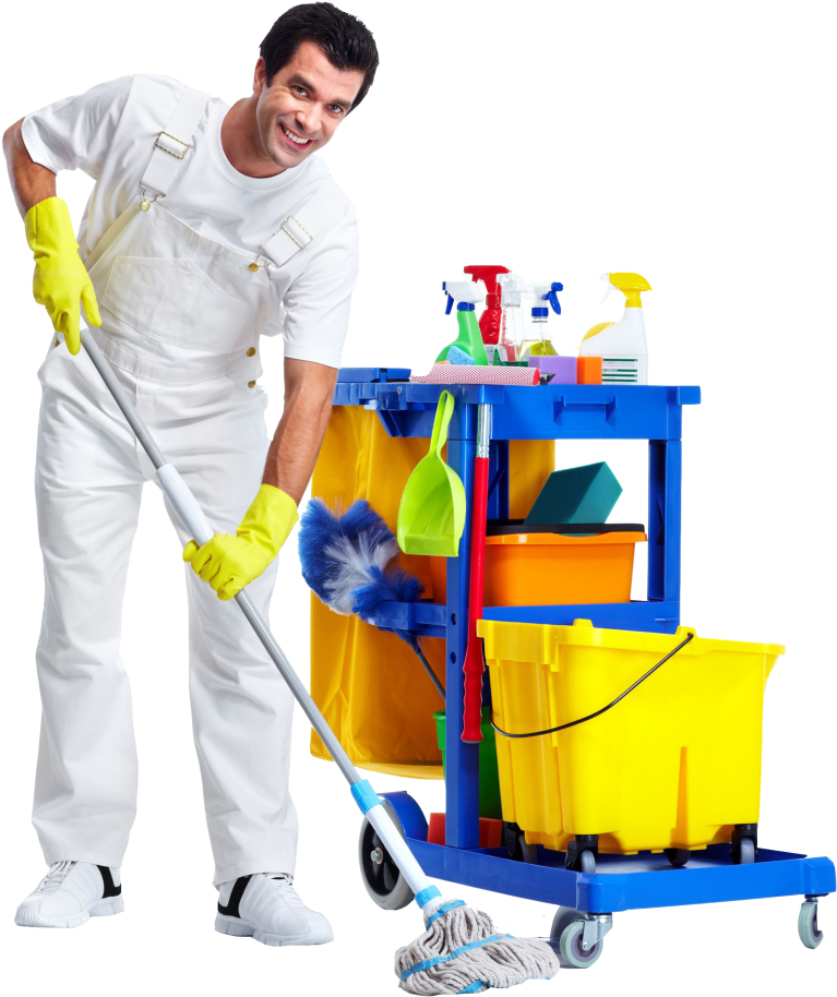 Professional Cleaner With Equipment Cart