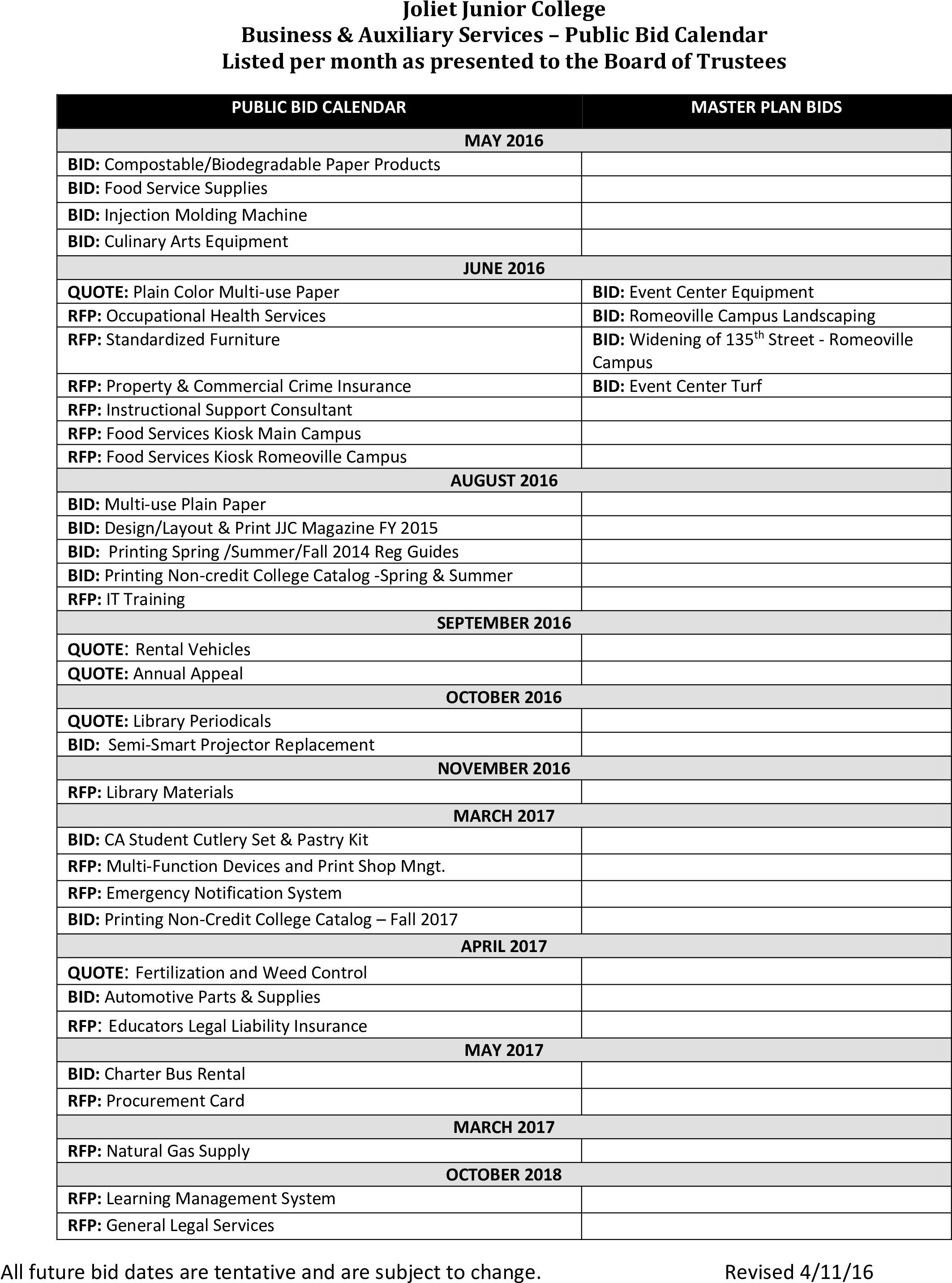 Public Bid Calendar Example