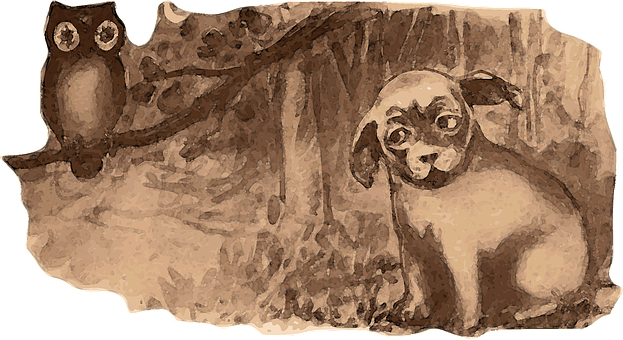 Puppyand Owl Friends Sepia Artwork