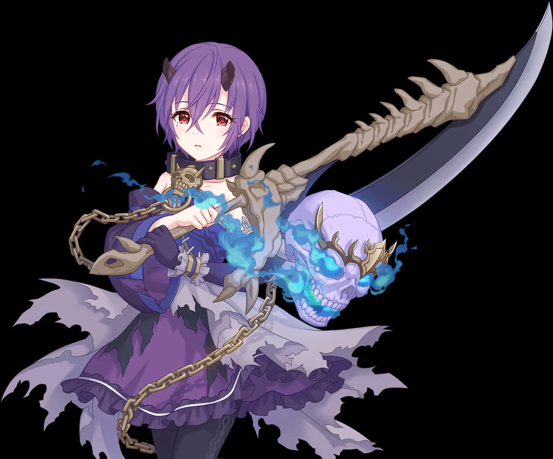 Purple Haired Anime Character With Skull Weapon