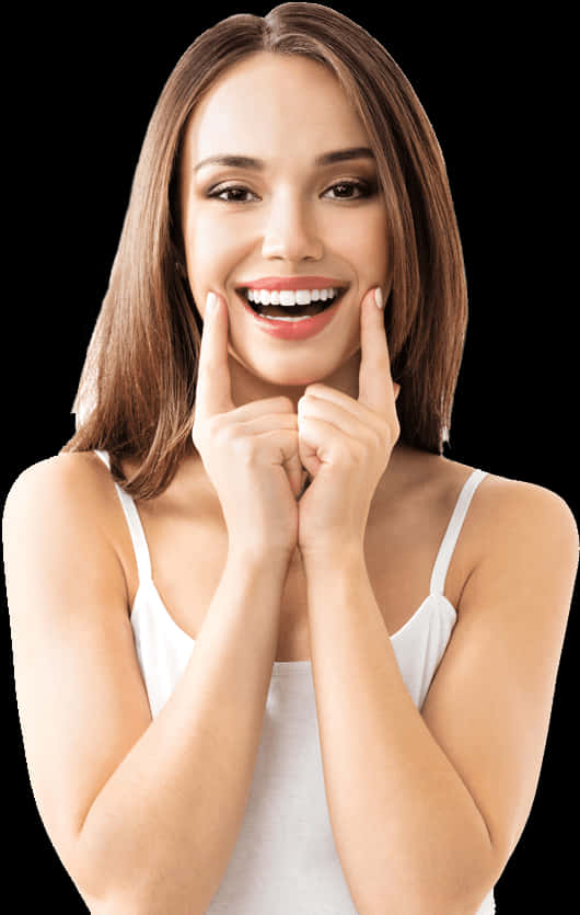 Radiant Smile Woman Pointing Cheeks