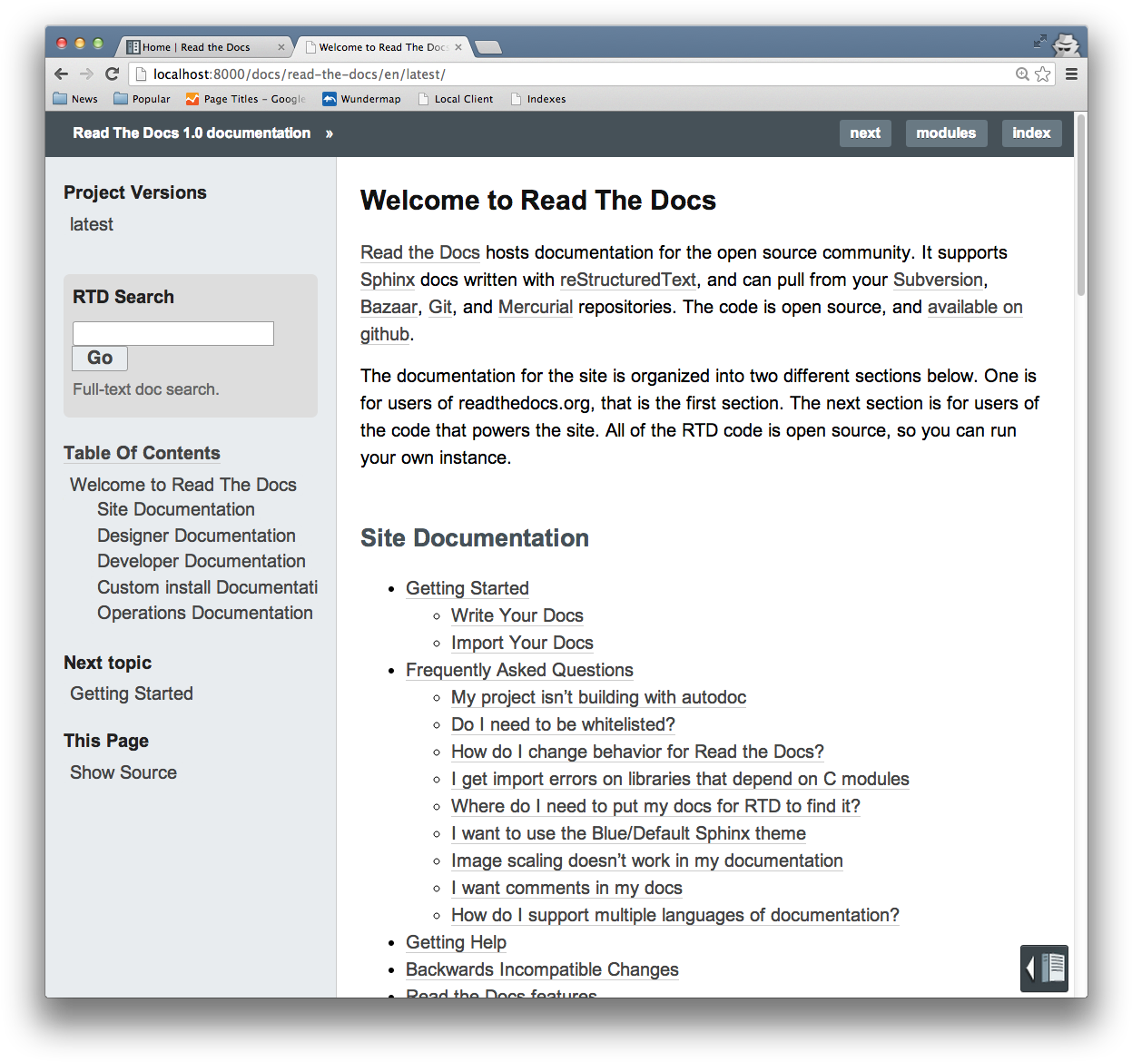 Read The Docs Documentation Webpage Screenshot