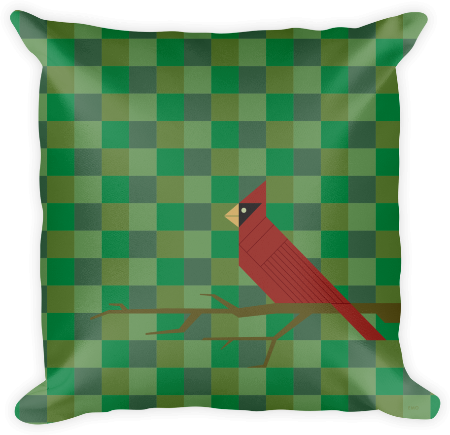 Red Cardinalon Green Checkered Pillow