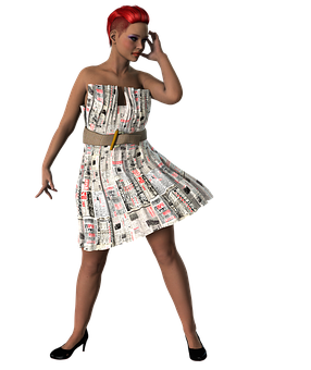 Red Haired3 D Modelin Newsprint Dress