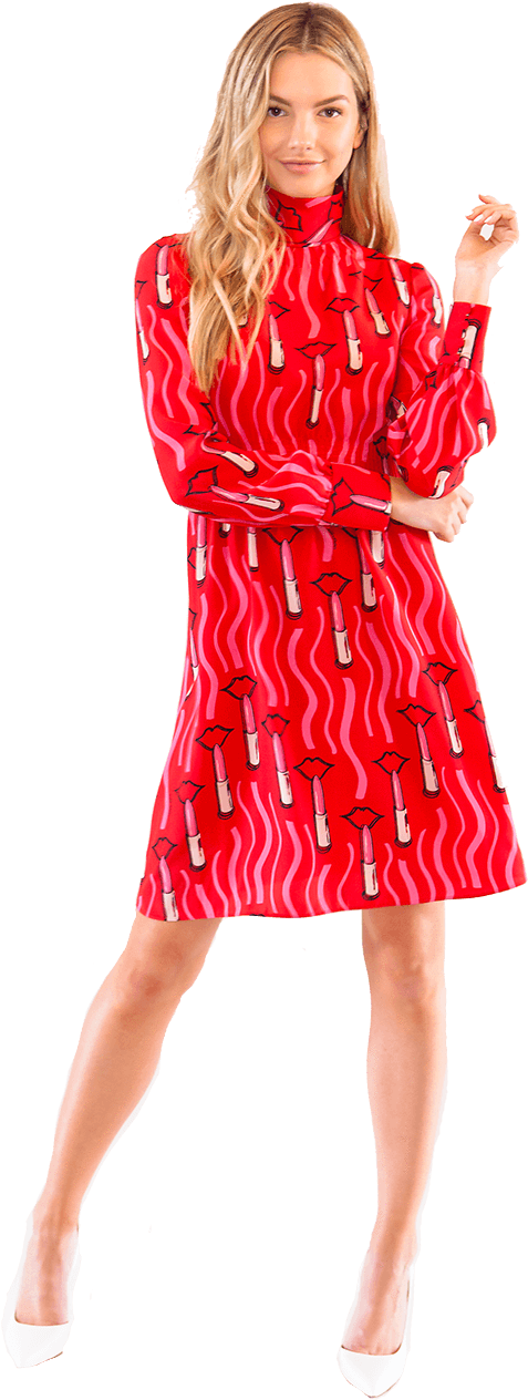 Red Printed Dress Model Posing