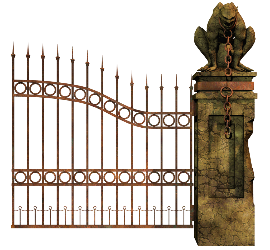 Rusty Iron Gatewith Gargoyle Pillar