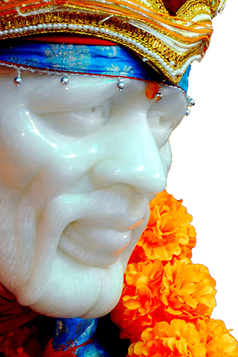 Sai Baba Statue Profilewith Orange Flowers