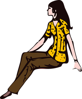 Seated Cartoon Girl Yellow Top Brown Pants