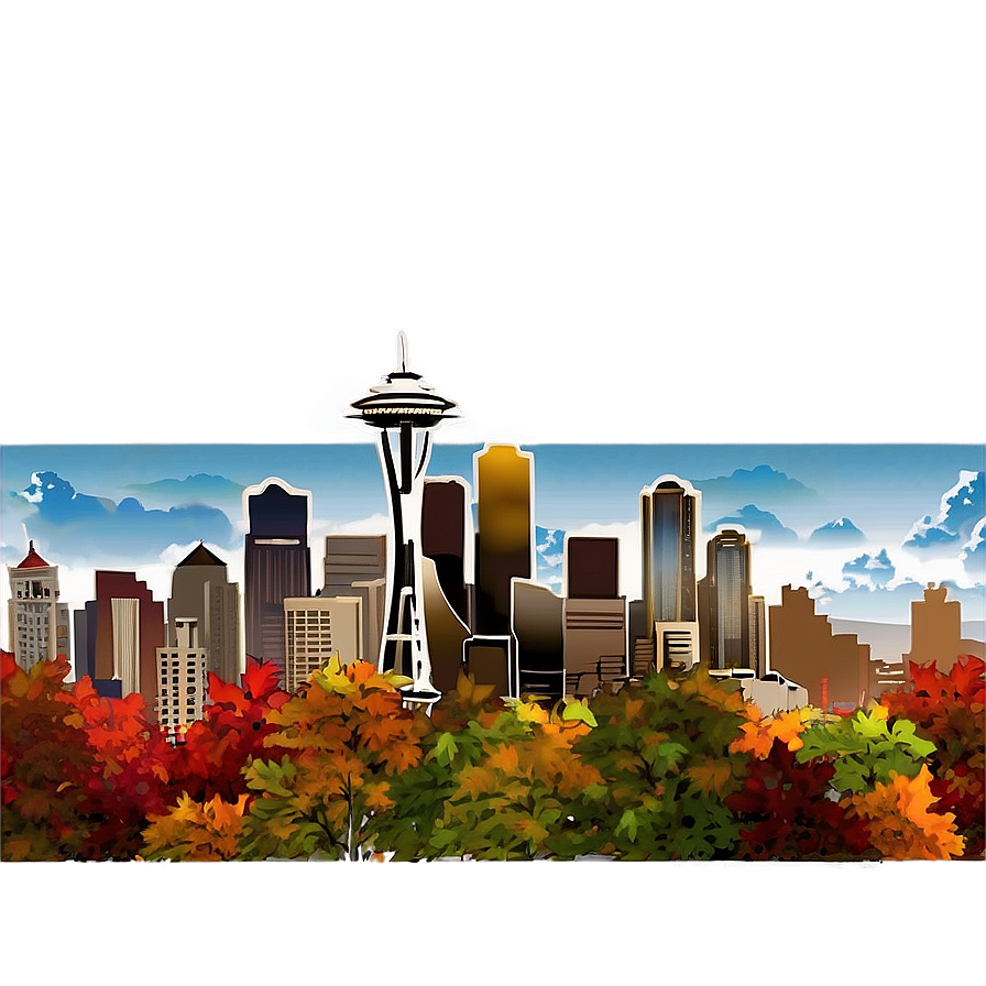 Seattle Skyline With Autumn Leaves Png Sea