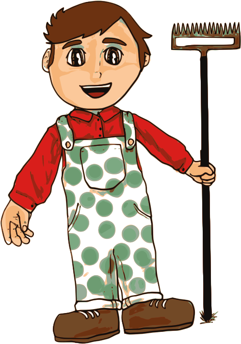 Smiling Cartoon Farmerwith Rake