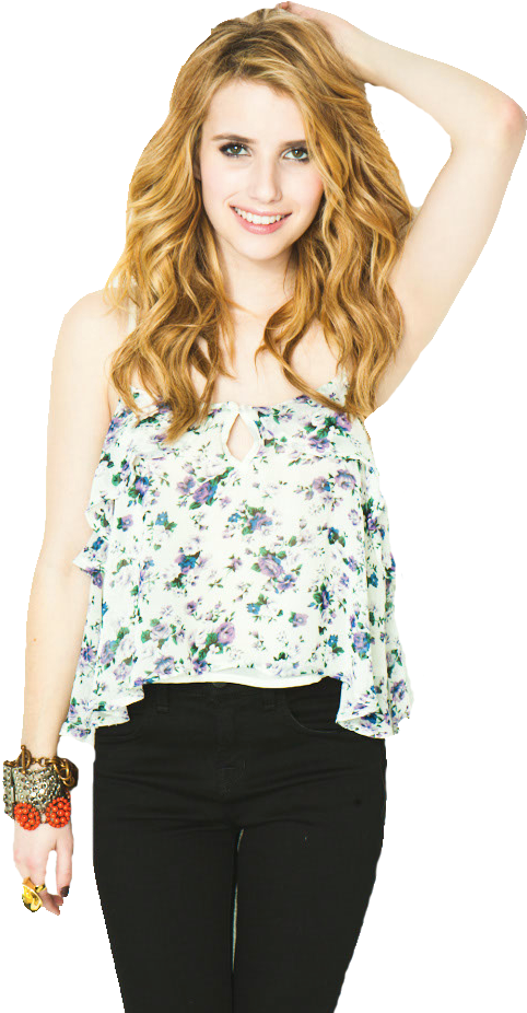 Smiling Woman Floral Top Black Pants