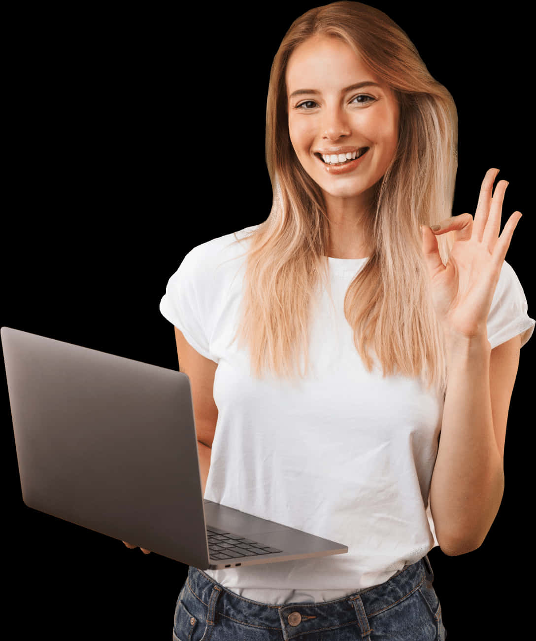 Smiling Woman Holding Laptop O K Sign