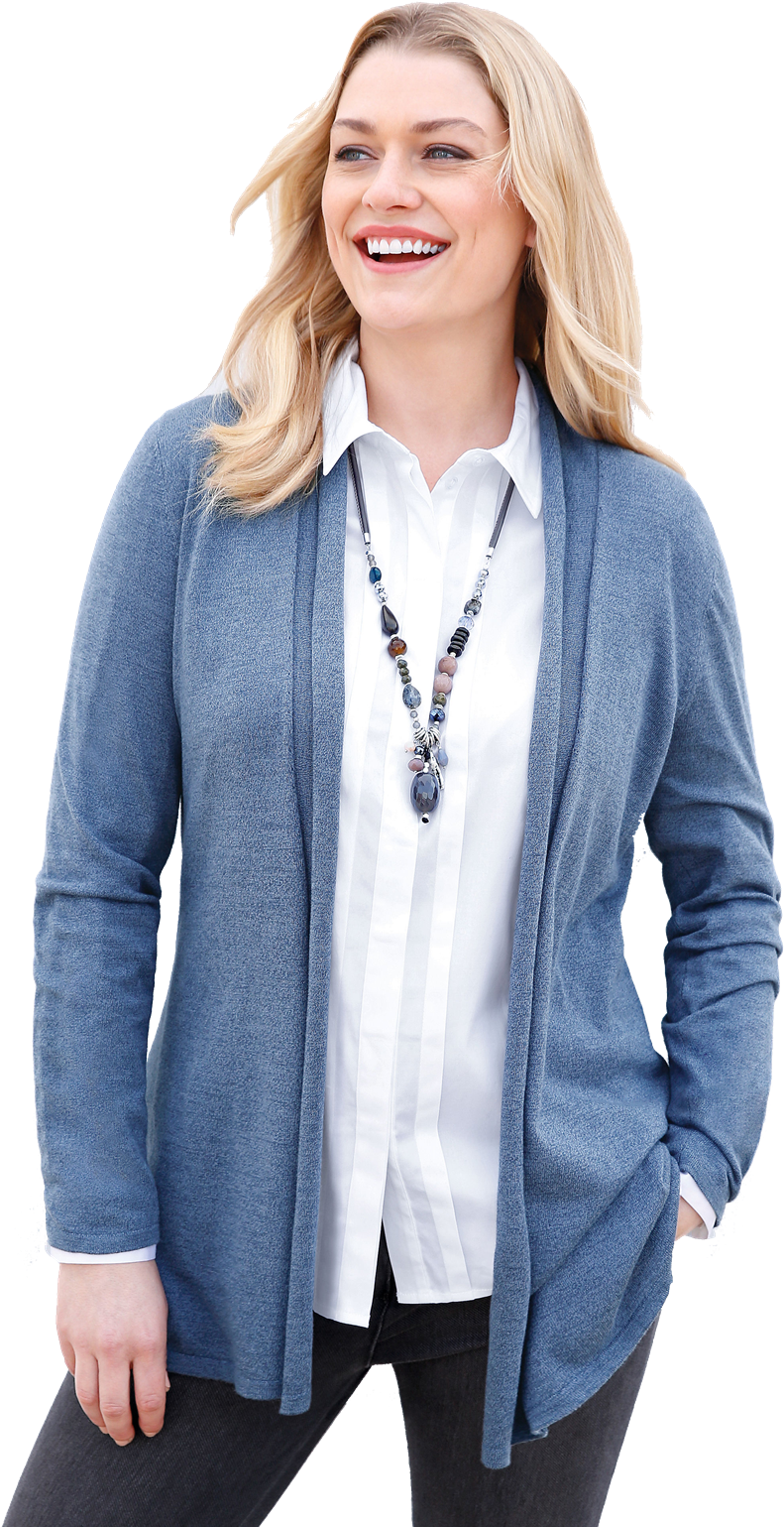 Smiling Womanin Blue Cardiganand White Shirt