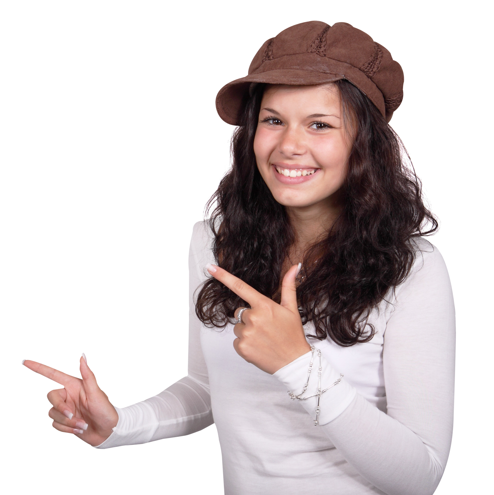 Smiling Womanin Hat Pointing