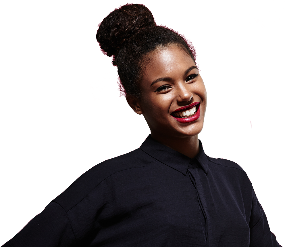 Smiling Womanwith Top Bun Hairstyle