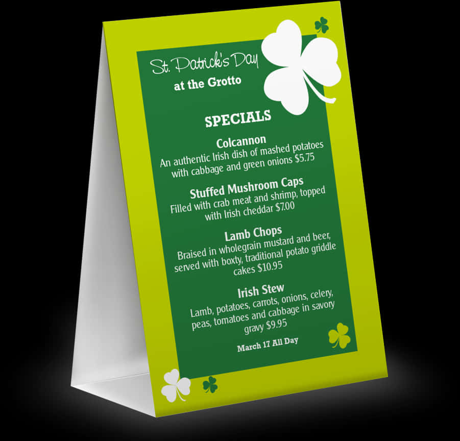 St Patricks Day Specials Menu