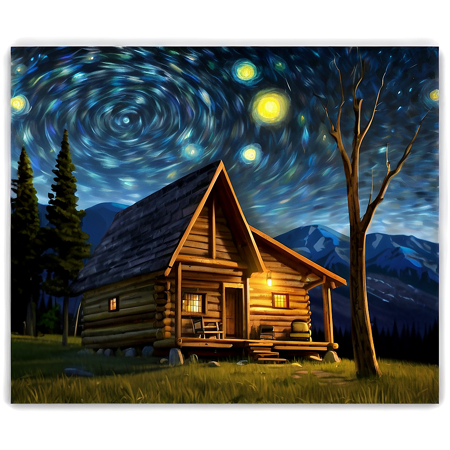 Starry Night Cabin Landscape Png Jhm