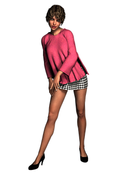 Stylish3 D Modelin Pink Sweaterand Plaid Skirt