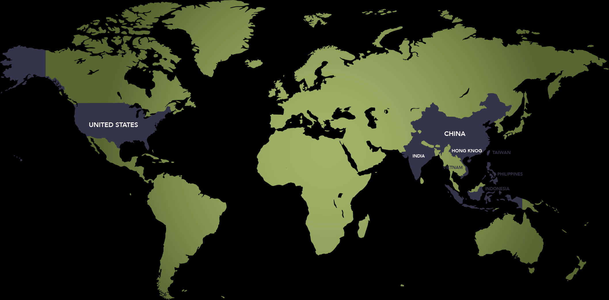 Stylized World Map Highlighting Select Countries