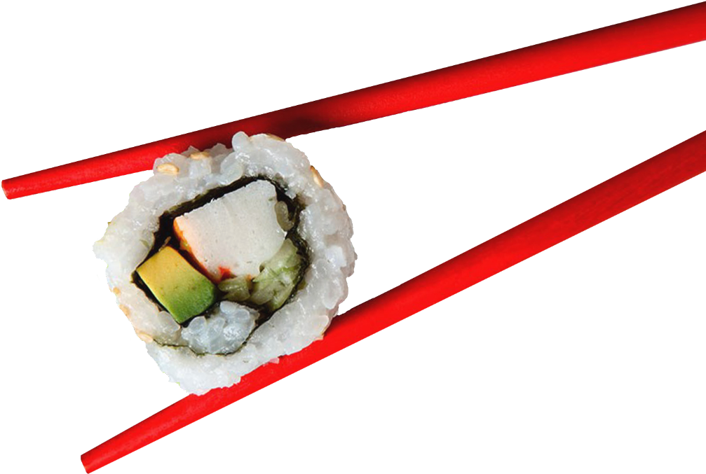 Sushi Roll Held With Red Chopsticks