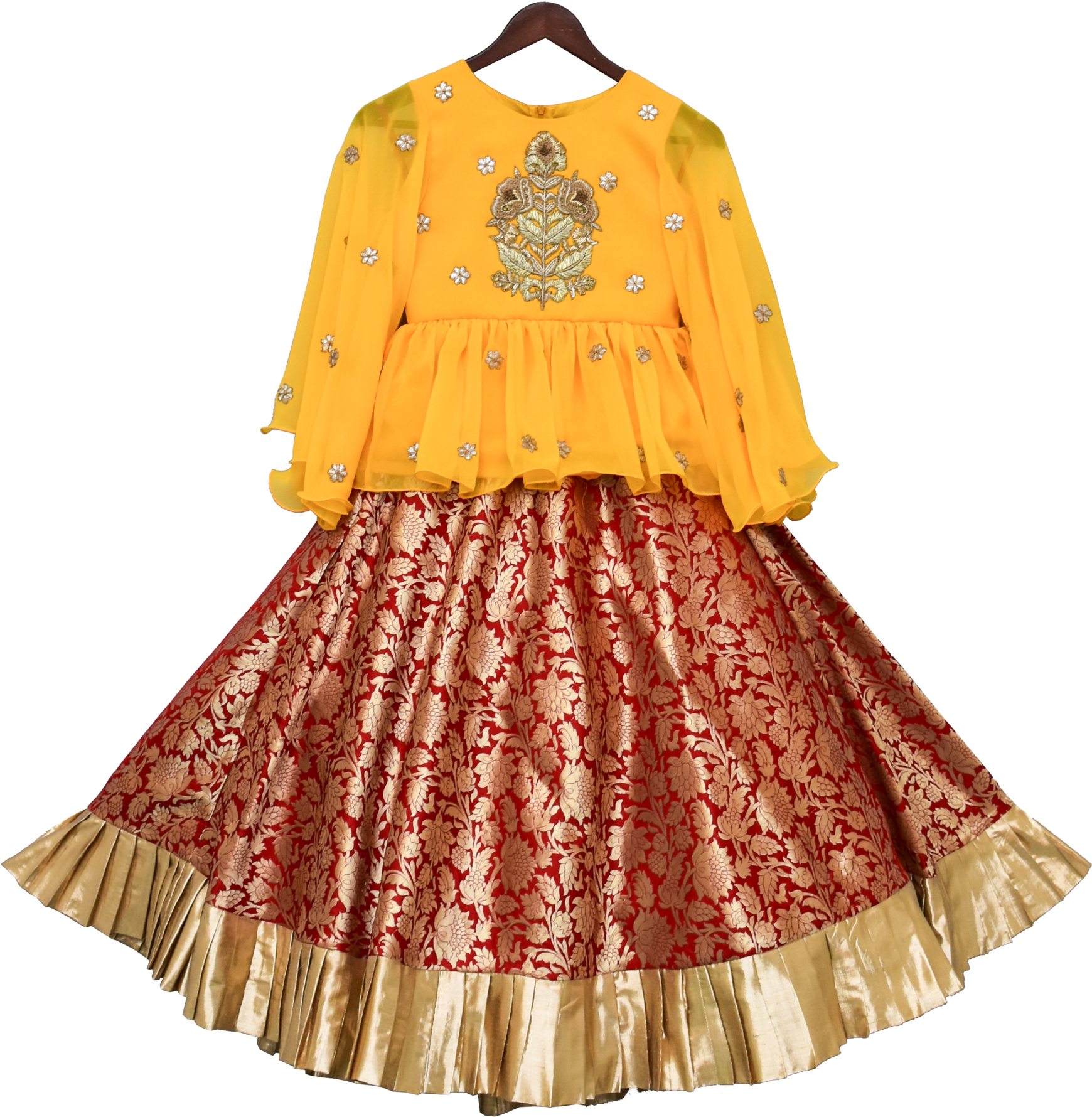 Traditional Yellow Blouse Red Lehenga Gold Trim