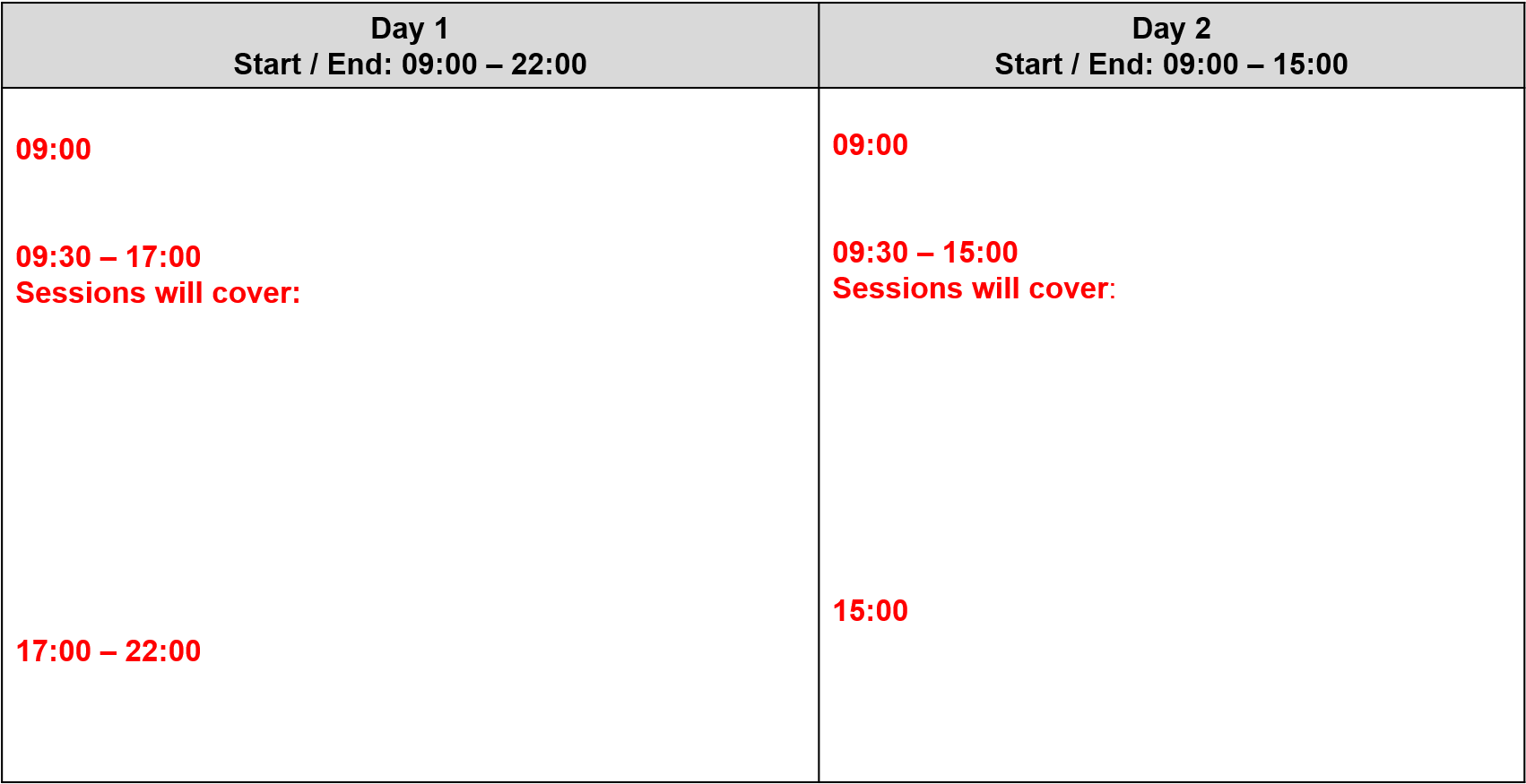 Two Day Event Agenda Overview