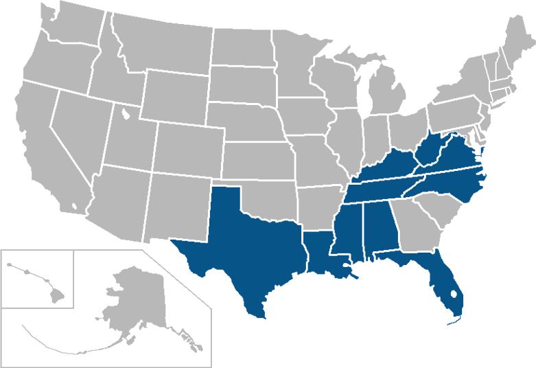 U S A Map Southern States Highlighted