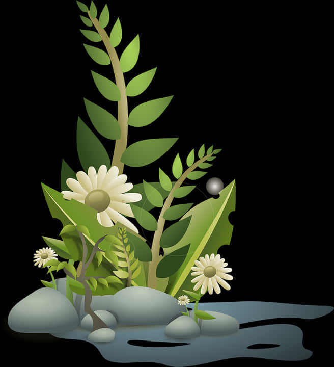 Vector Illustration Floral Composition Stones Water