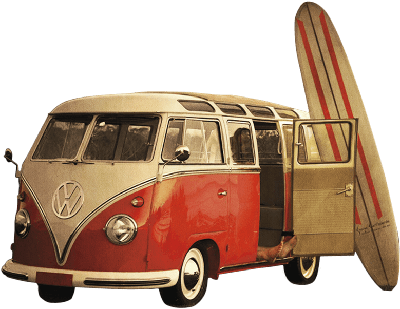 Vintage Volkswagen Bus With Surfboard