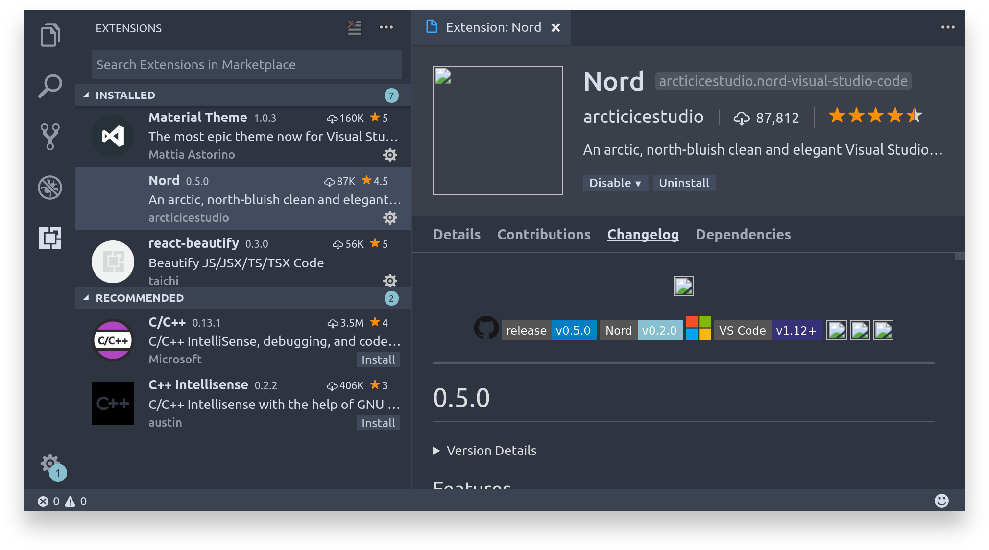 Visual Studio Code Nord Extension Screenshot