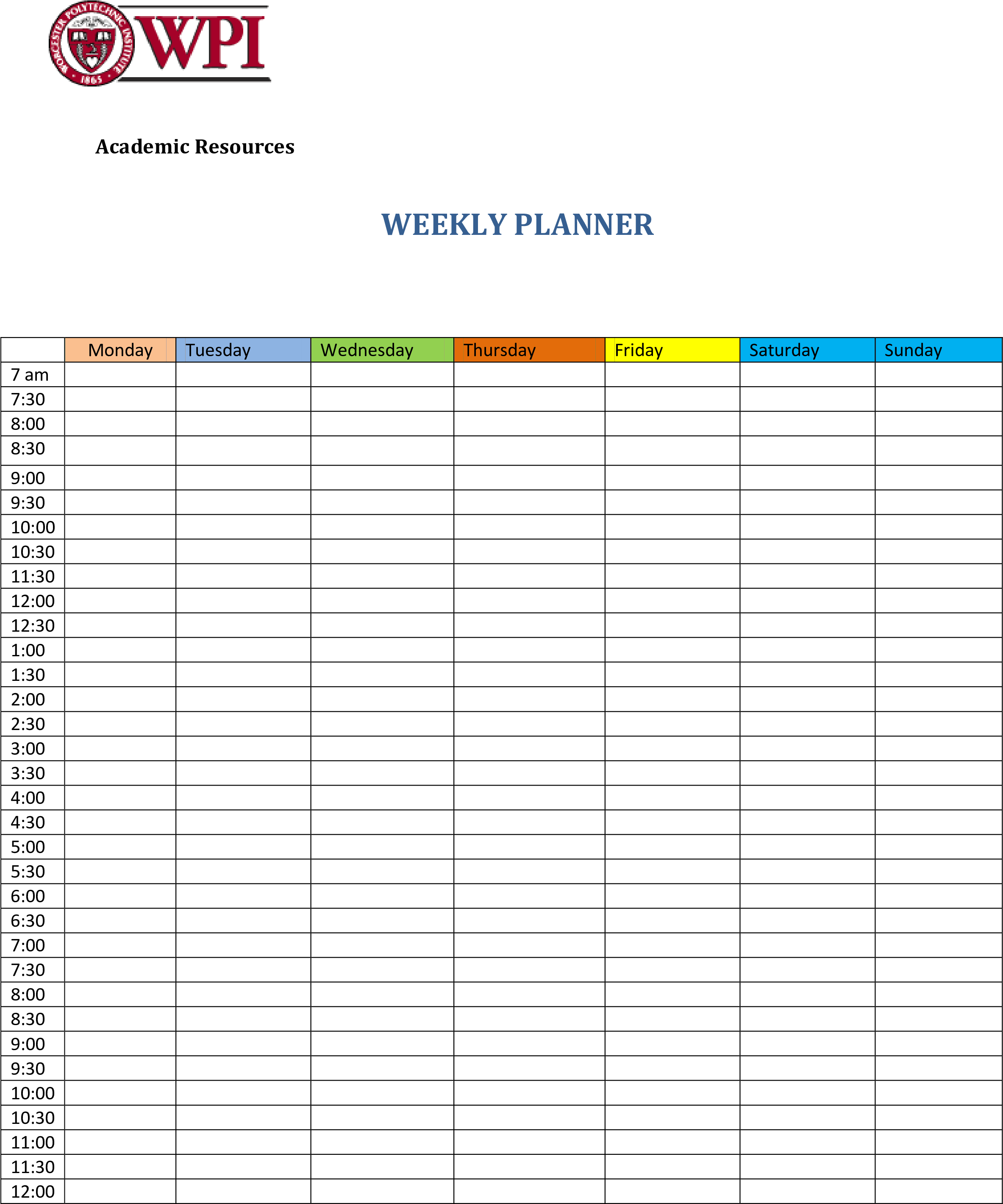 W P I Weekly Planner Template