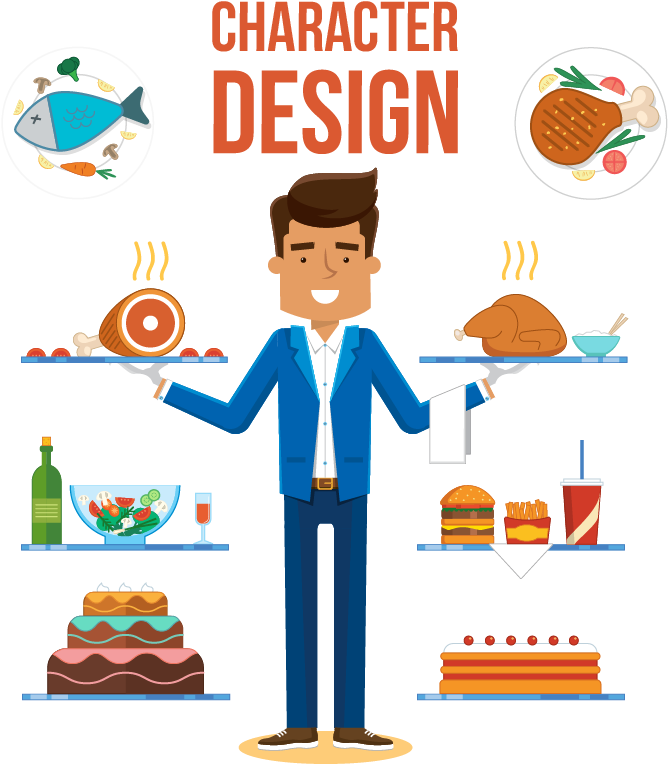 Waiter Character Designwith Food Items