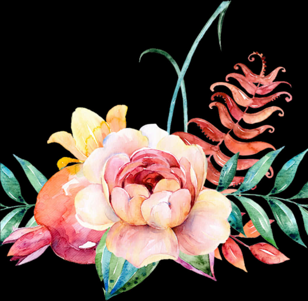 Watercolor Floral Arrangement Black Background