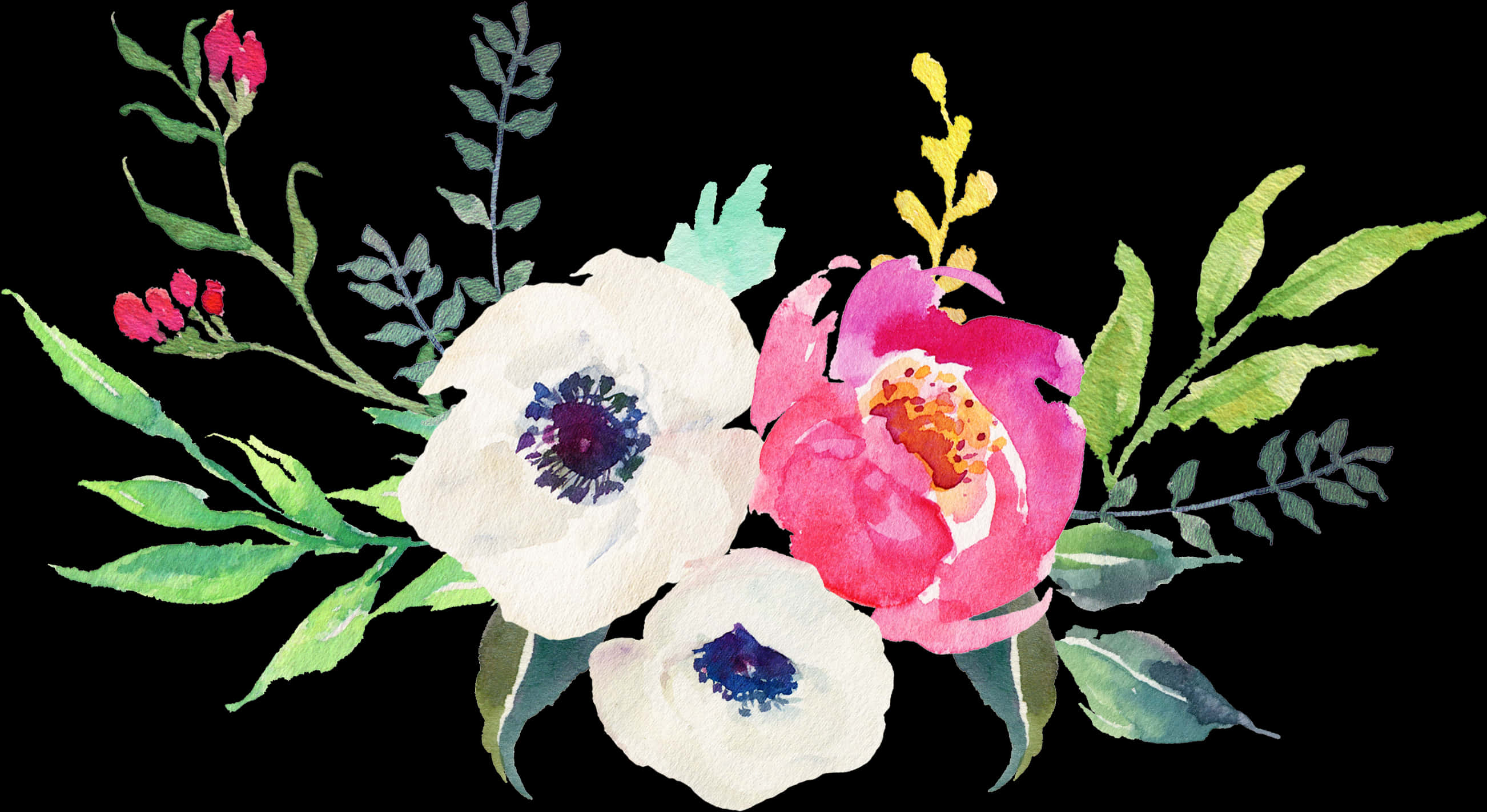 Watercolor Floral Arrangementon Black Background